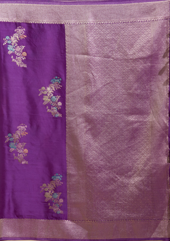 Purple Satin Buti Gold Zariwork Saree With Matching Blouse Piece
