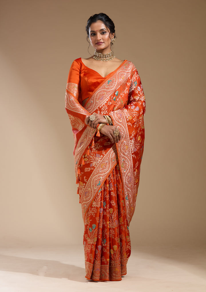 Orange Satin Jaal Gold Zariwork Saree With Matching Blouse Piece