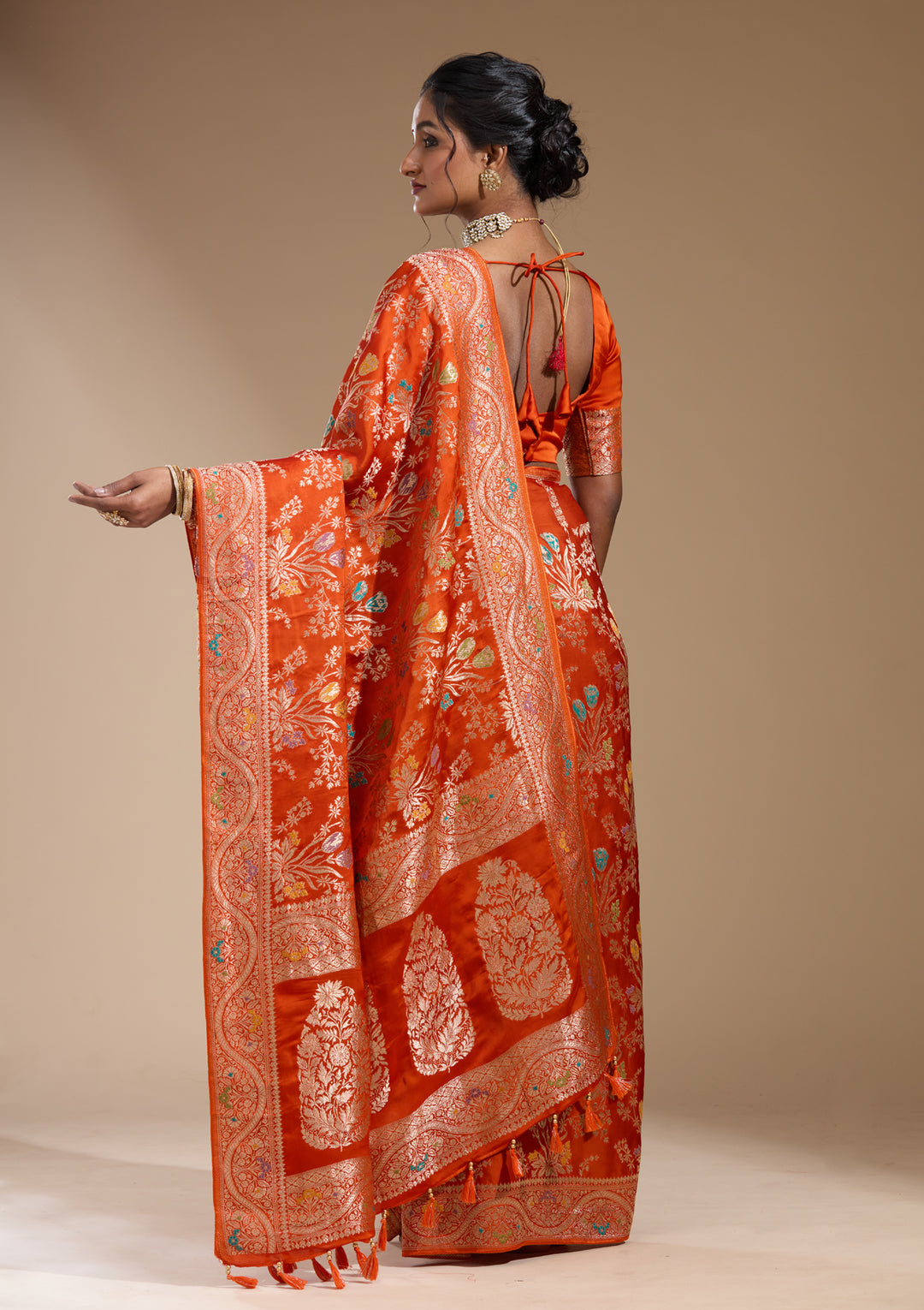 Orange Satin Jaal Gold Zariwork Saree With Matching Blouse Piece