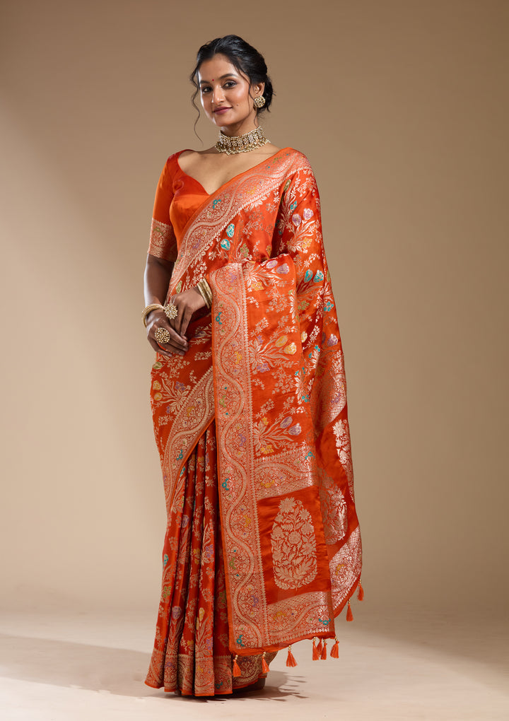 Orange Satin Jaal Gold Zariwork Saree With Matching Blouse Piece