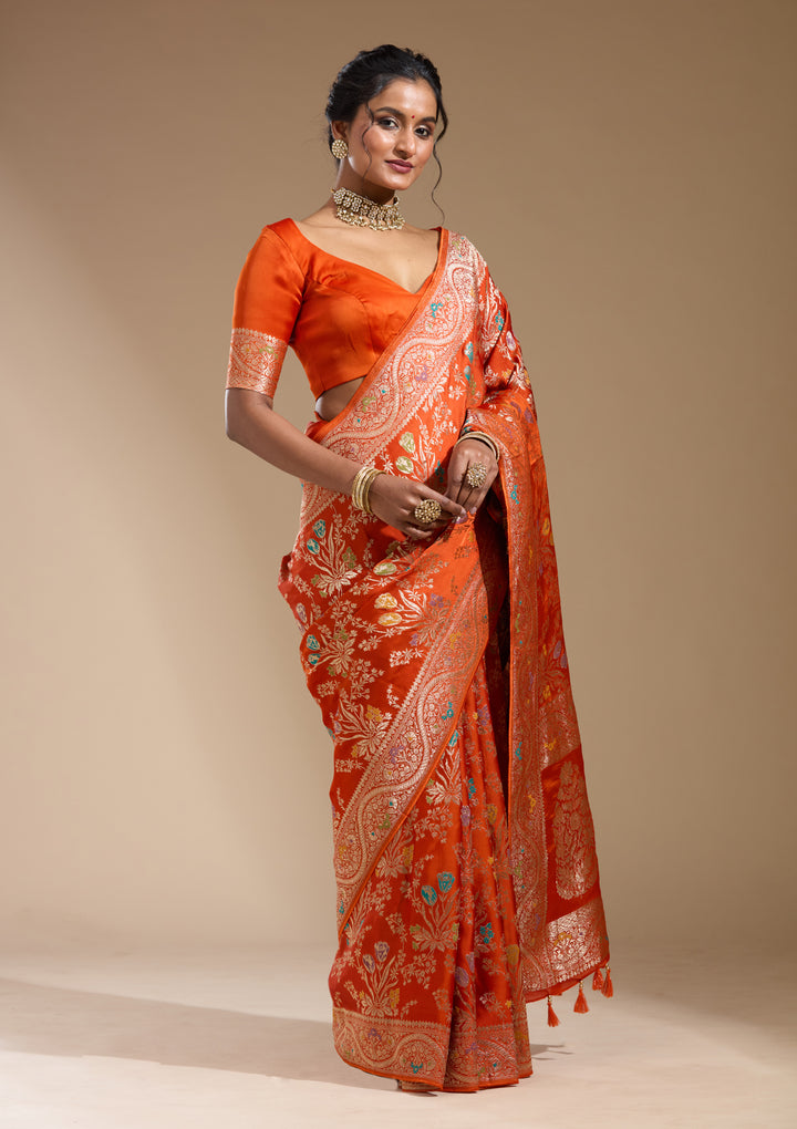 Orange Satin Jaal Gold Zariwork Saree With Matching Blouse Piece