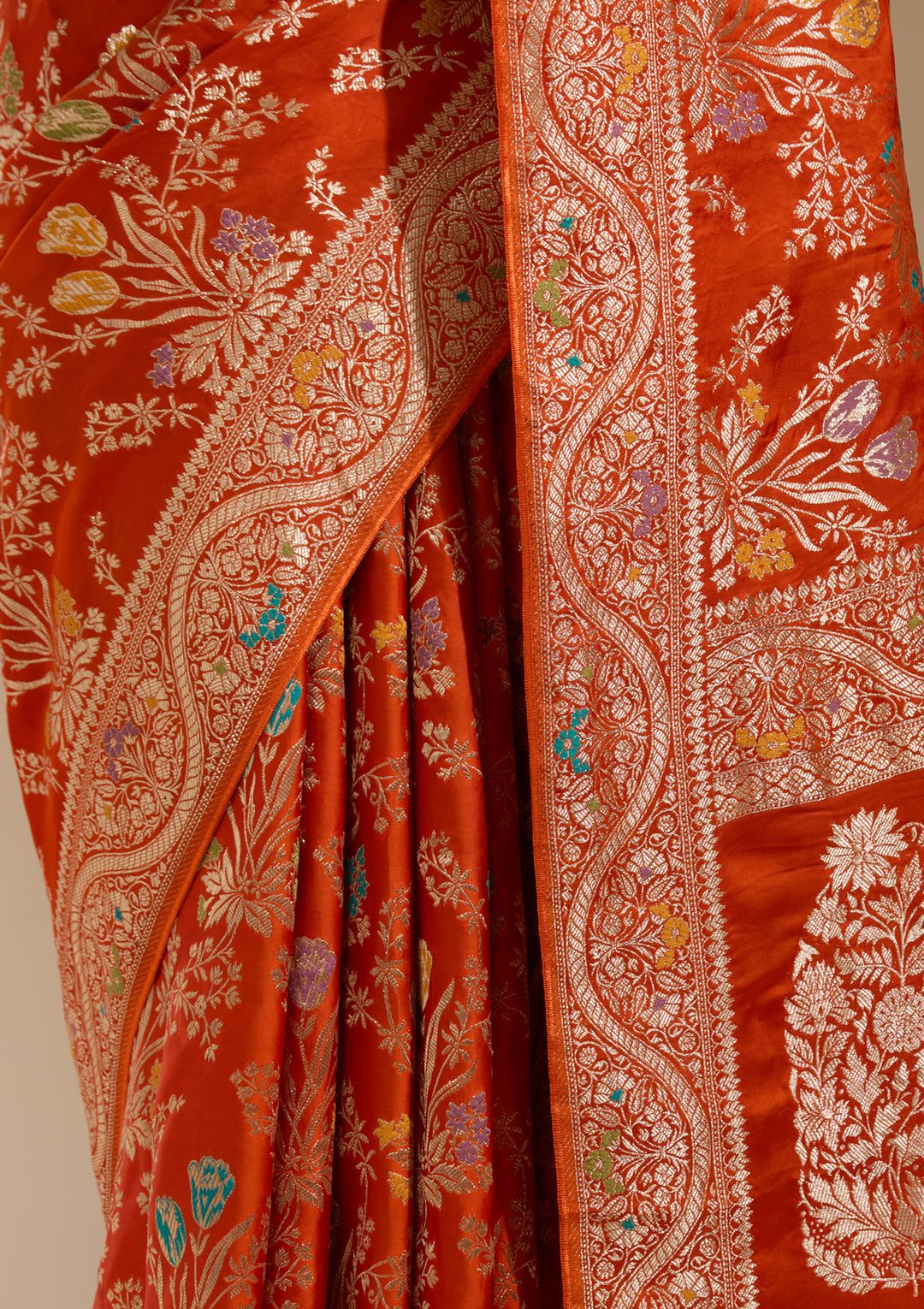 Orange Satin Jaal Gold Zariwork Saree With Matching Blouse Piece