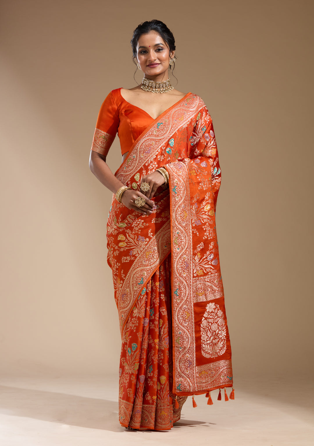 Orange Satin Jaal Gold Zariwork Saree With Matching Blouse Piece