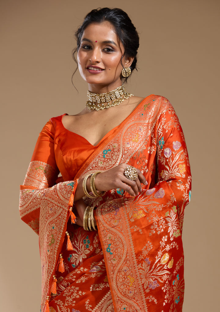 Orange Satin Jaal Gold Zariwork Saree With Matching Blouse Piece
