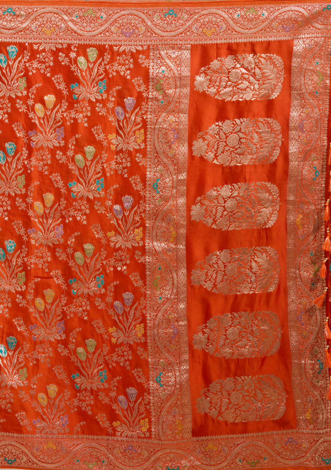 Orange Satin Jaal Gold Zariwork Saree With Matching Blouse Piece