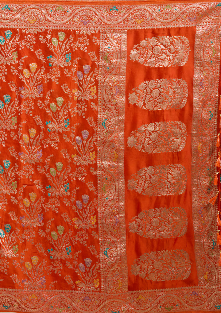 Orange Satin Jaal Gold Zariwork Saree With Matching Blouse Piece
