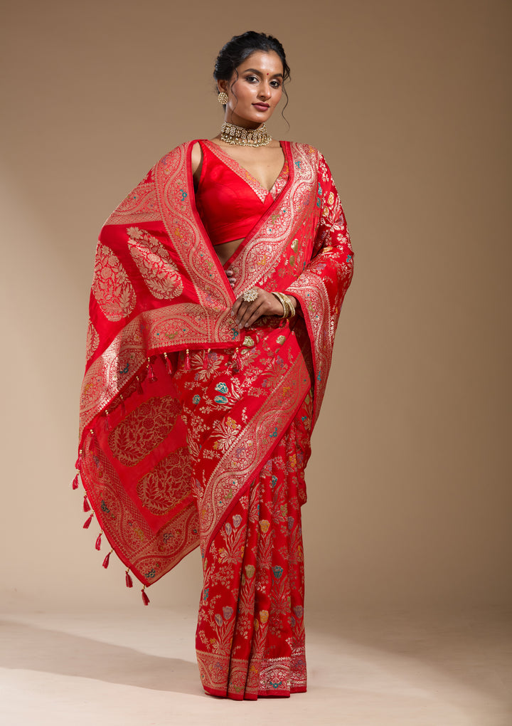 Red Satin Jaal Gold Zariwork Saree With Matching Blouse Piece