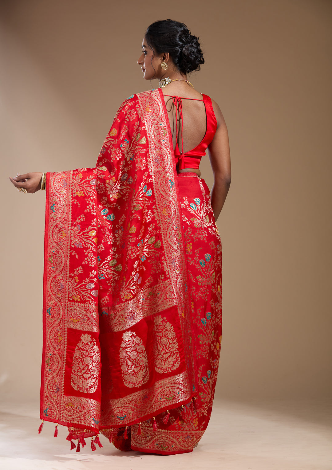 Red Satin Jaal Gold Zariwork Saree With Matching Blouse Piece