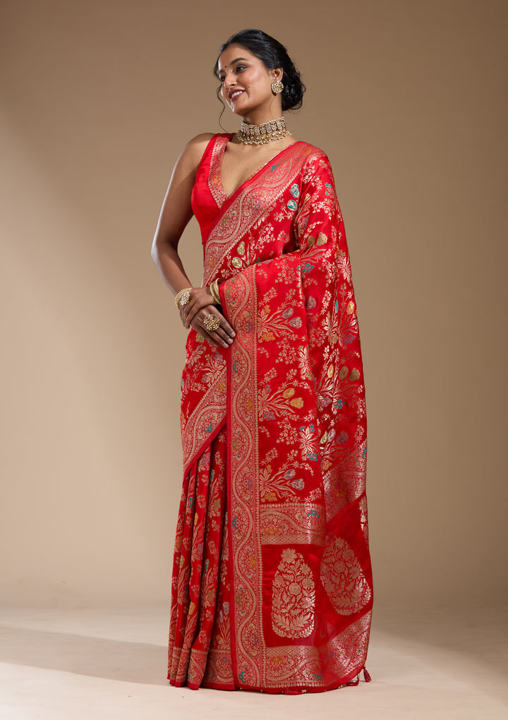 Red Satin Jaal Gold Zariwork Saree With Matching Blouse Piece