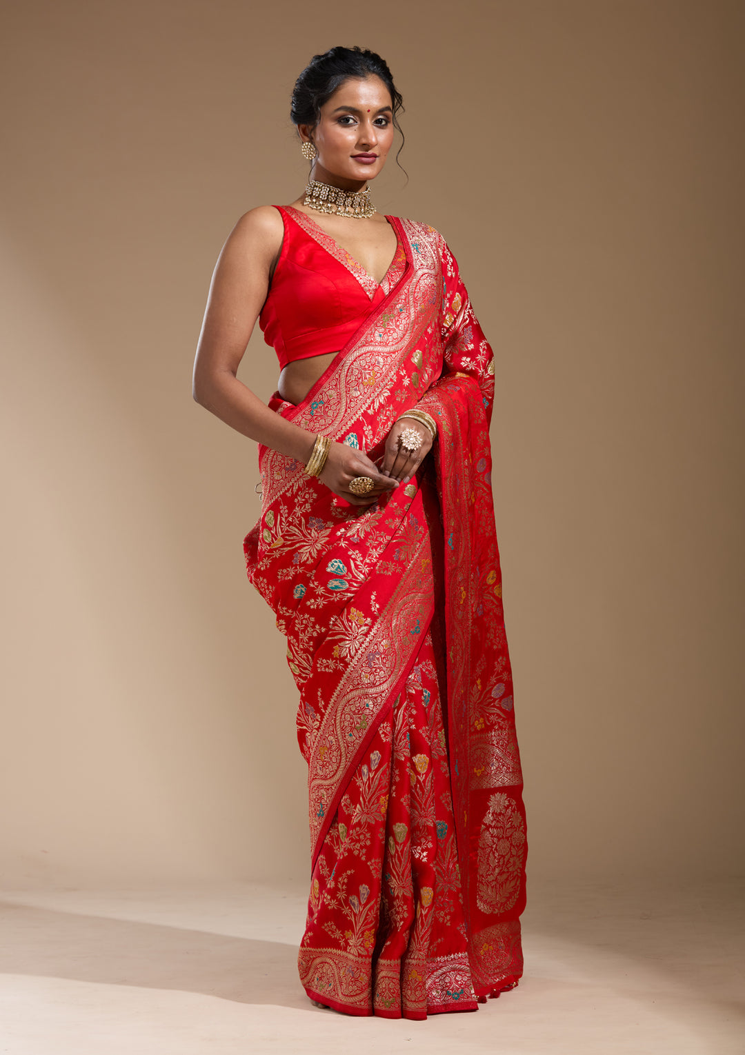 Red Satin Jaal Gold Zariwork Saree With Matching Blouse Piece