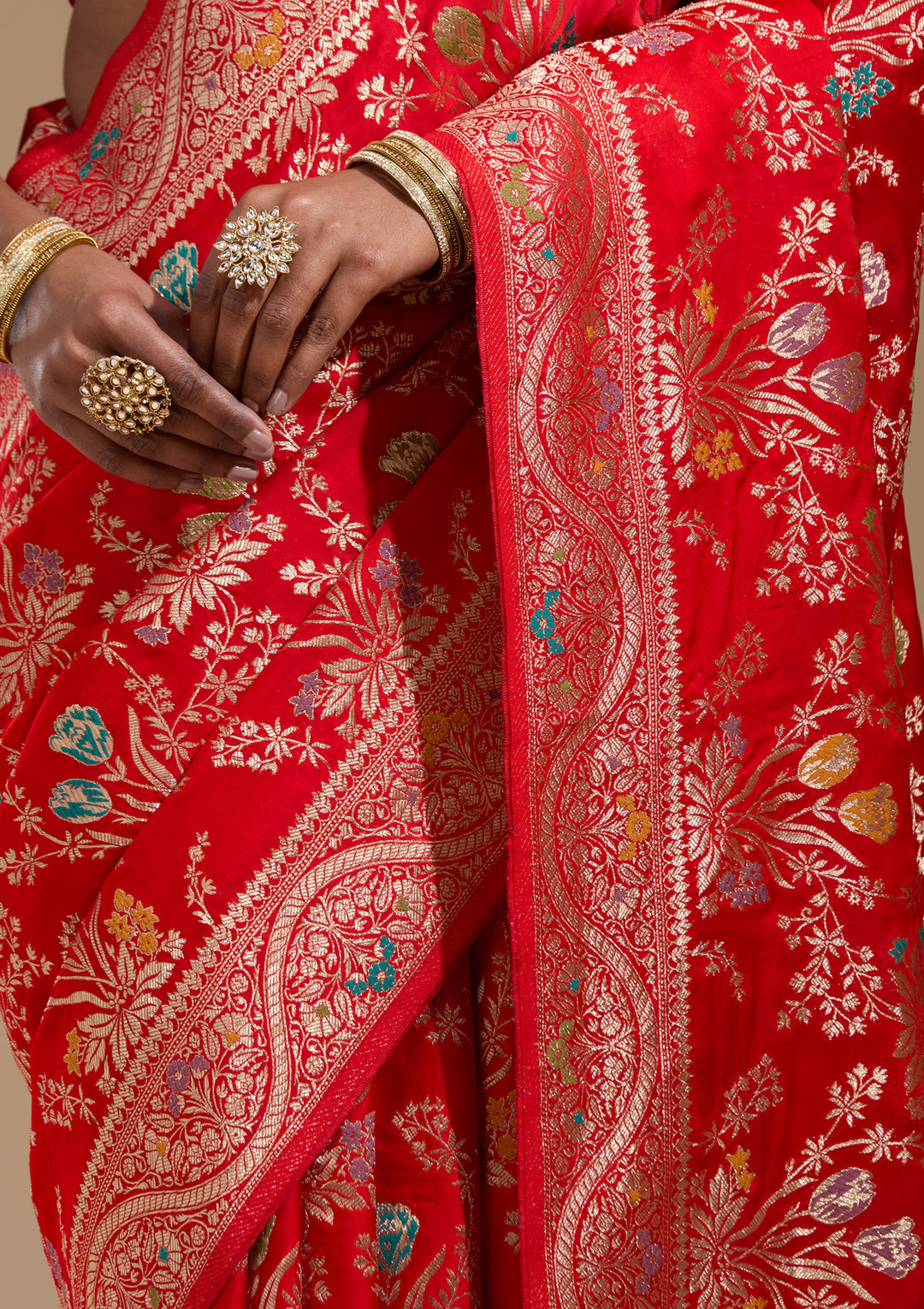 Red Satin Jaal Gold Zariwork Saree With Matching Blouse Piece