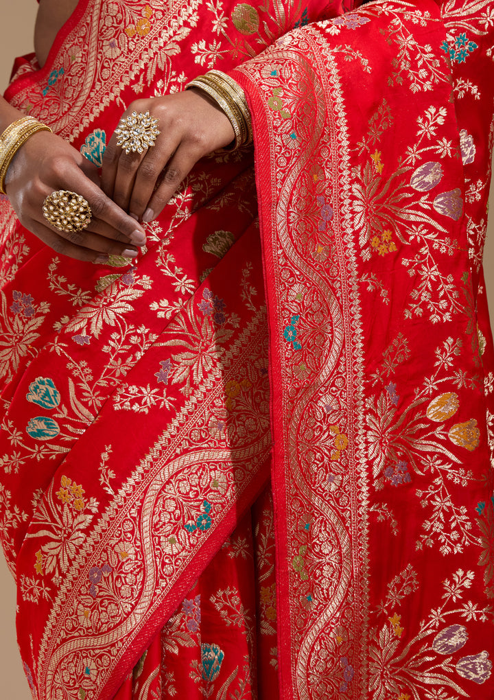 Red Satin Jaal Gold Zariwork Saree With Matching Blouse Piece