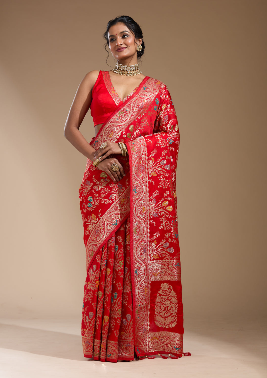 Red Satin Jaal Gold Zariwork Saree With Matching Blouse Piece