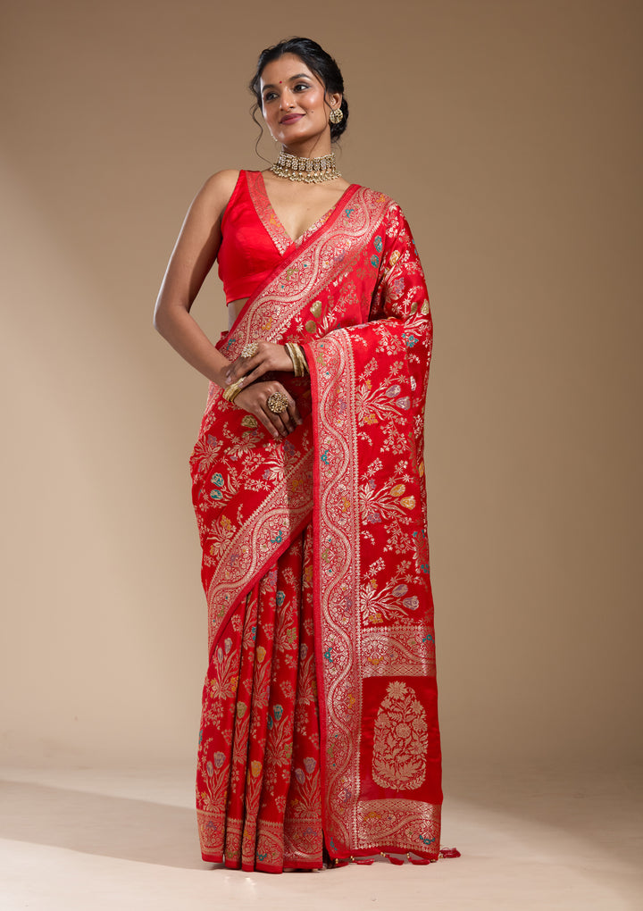 Red Satin Jaal Gold Zariwork Saree With Matching Blouse Piece