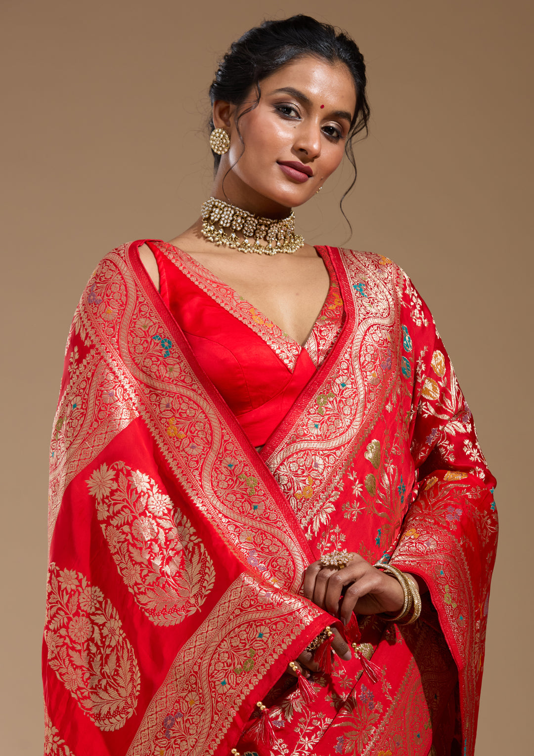 Red Satin Jaal Gold Zariwork Saree With Matching Blouse Piece