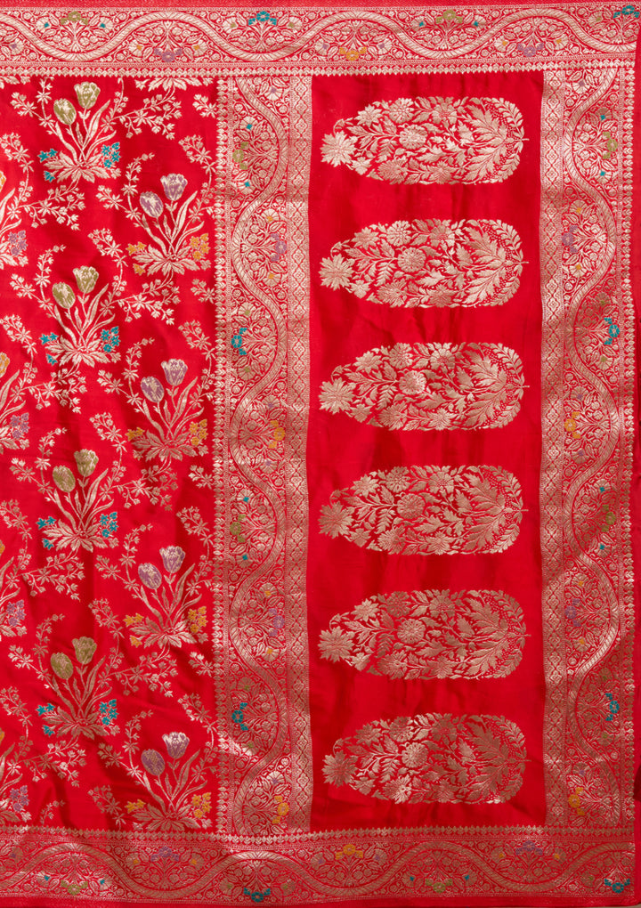 Red Satin Jaal Gold Zariwork Saree With Matching Blouse Piece