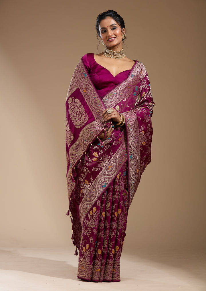 Wine Satin Jaal Gold Zariwork Saree With Matching Blouse Piece