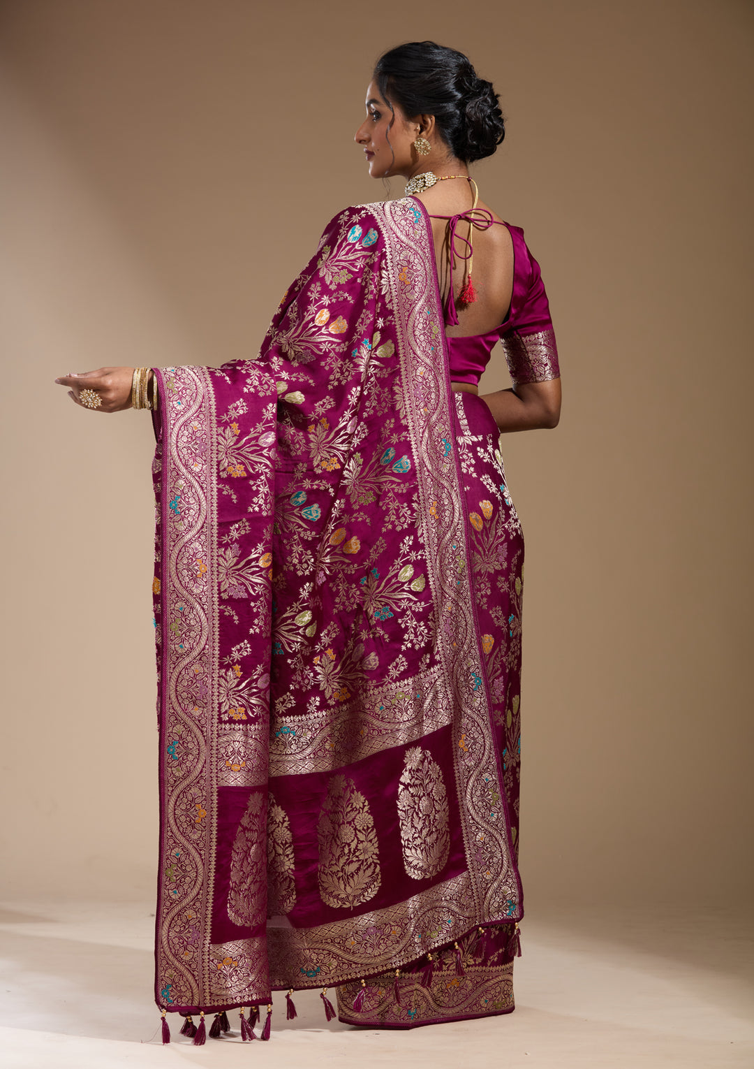 Wine Satin Jaal Gold Zariwork Saree With Matching Blouse Piece