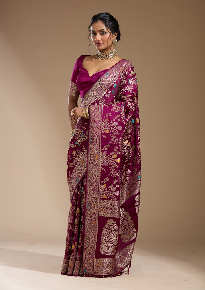 Wine Satin Jaal Gold Zariwork Saree With Matching Blouse Piece