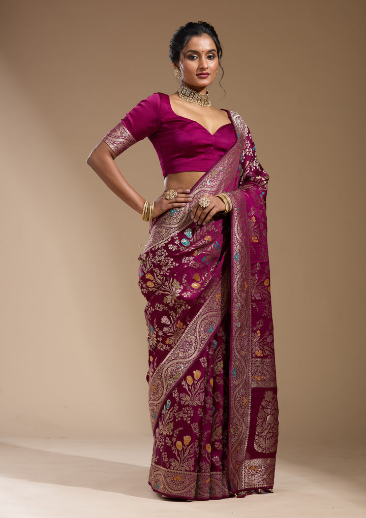 Wine Satin Jaal Gold Zariwork Saree With Matching Blouse Piece