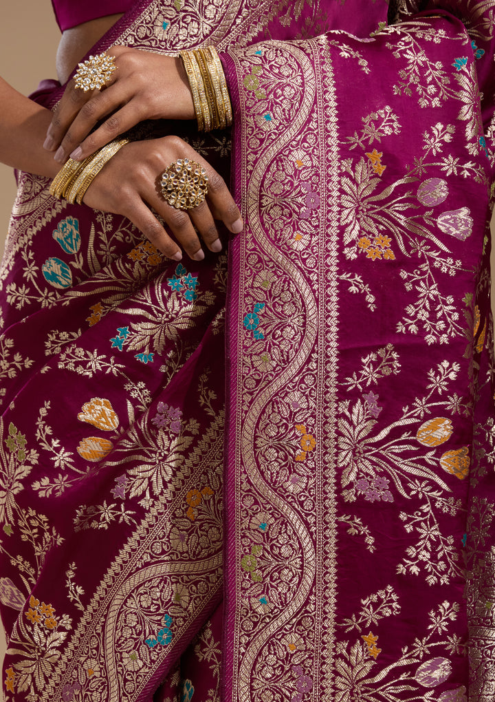 Wine Satin Jaal Gold Zariwork Saree With Matching Blouse Piece