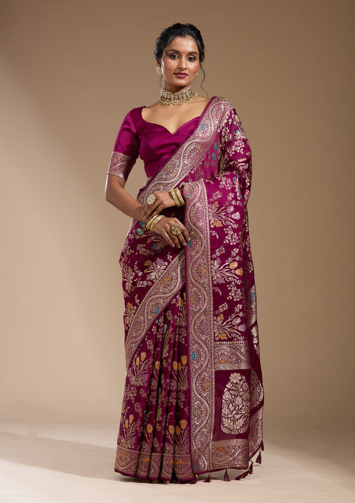Wine Satin Jaal Gold Zariwork Saree With Matching Blouse Piece