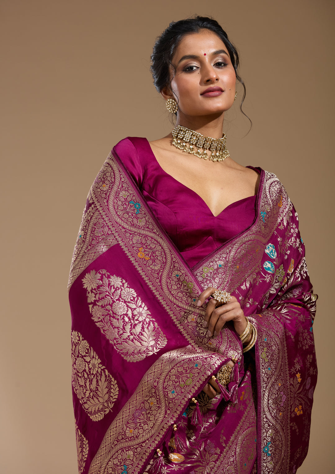 Wine Satin Jaal Gold Zariwork Saree With Matching Blouse Piece