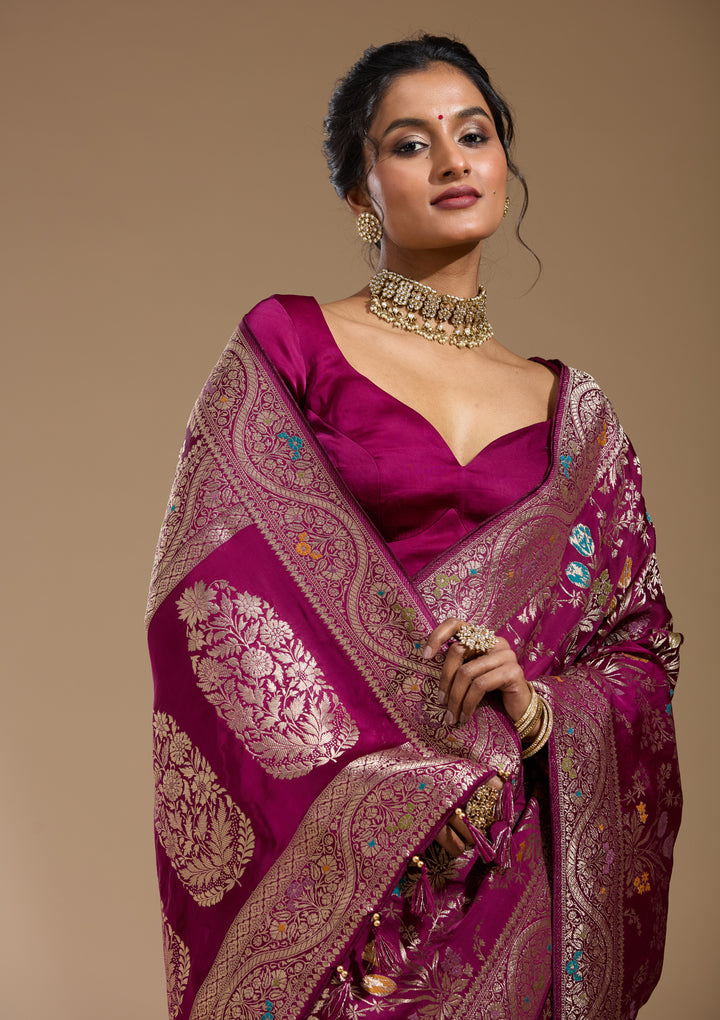 Wine Satin Jaal Gold Zariwork Saree With Matching Blouse Piece