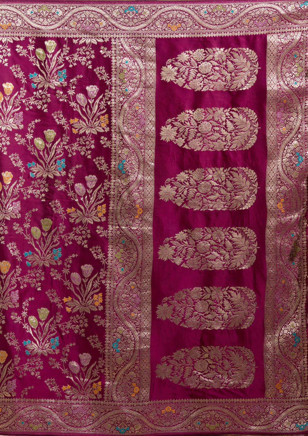 Wine Satin Jaal Gold Zariwork Saree With Matching Blouse Piece