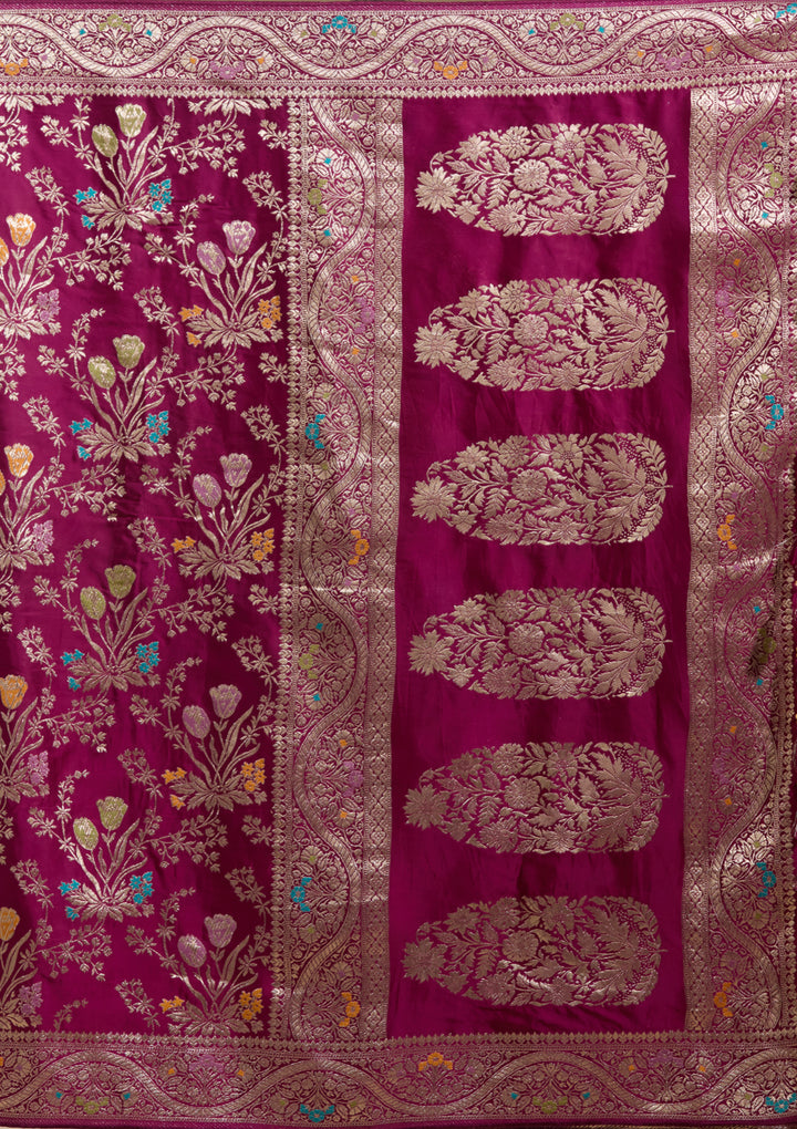 Wine Satin Jaal Gold Zariwork Saree With Matching Blouse Piece