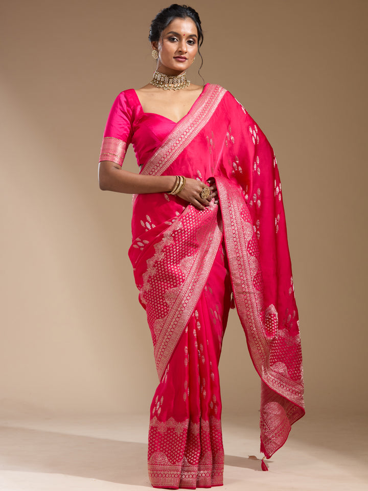 Rani Pink Georgette Buti Gold Zariwork Saree With Matching Blouse Piece