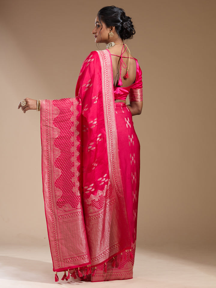 Rani Pink Georgette Buti Gold Zariwork Saree With Matching Blouse Piece