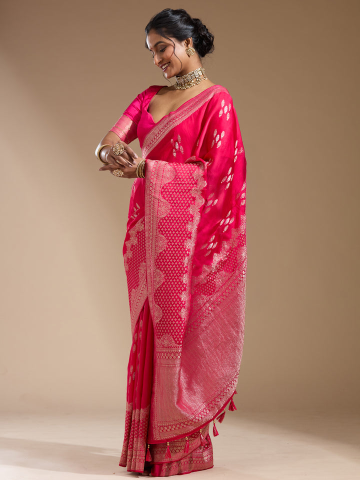 Rani Pink Georgette Buti Gold Zariwork Saree With Matching Blouse Piece