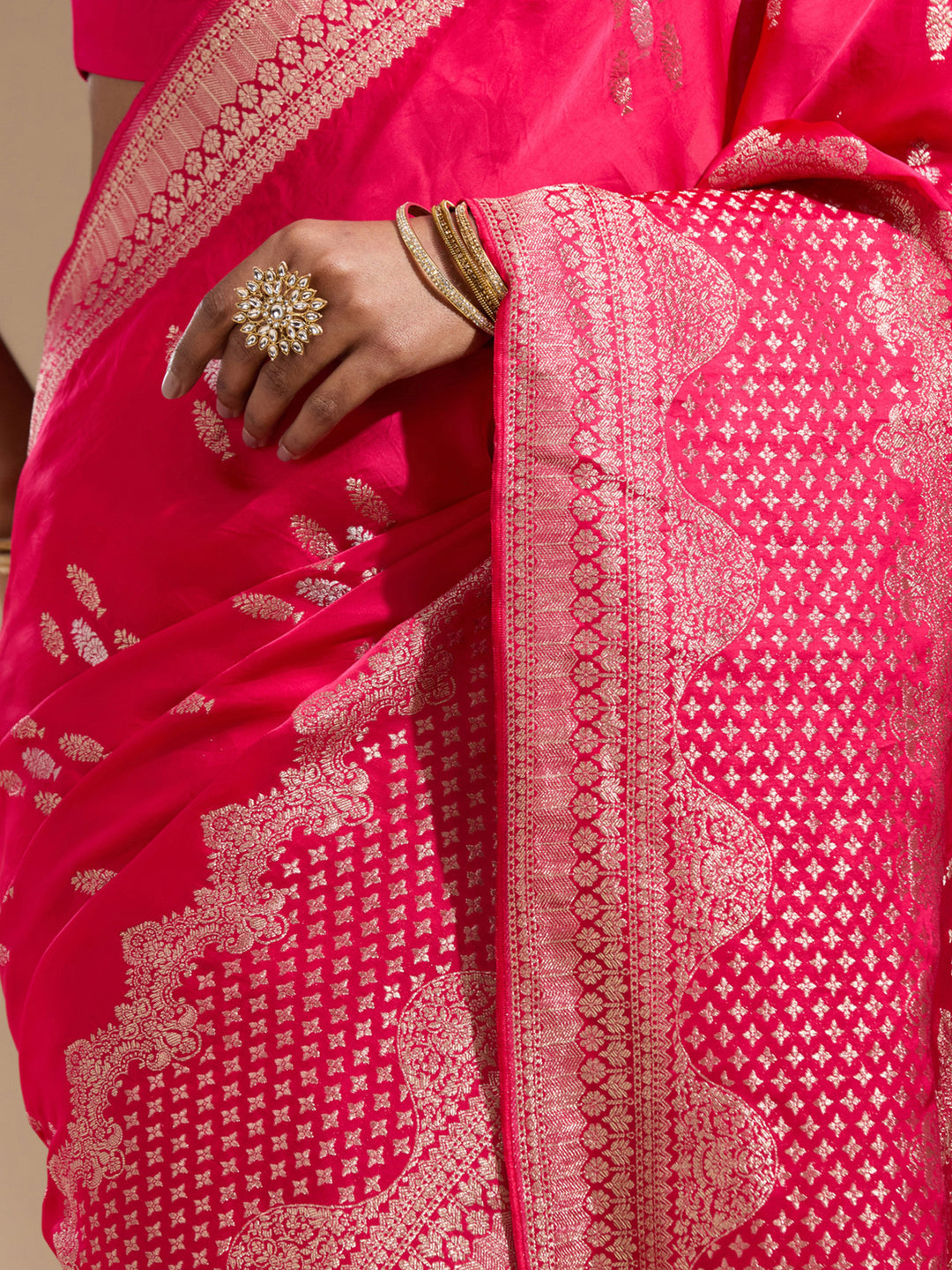 Rani Pink Georgette Buti Gold Zariwork Saree With Matching Blouse Piece