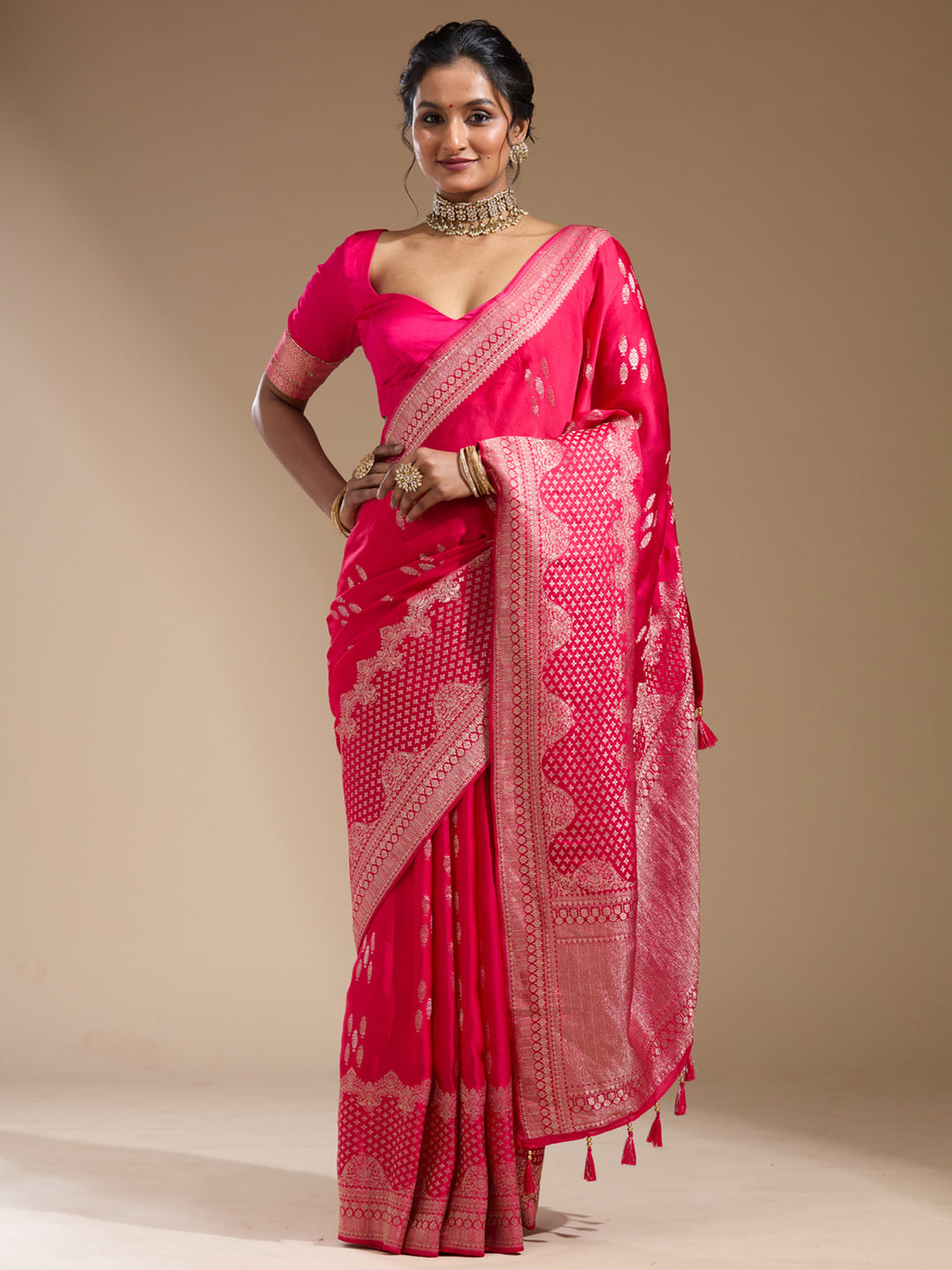 Rani Pink Georgette Buti Gold Zariwork Saree With Matching Blouse Piece