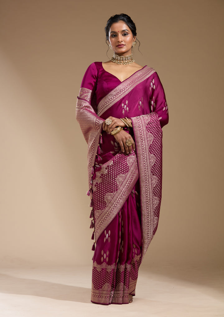 Wine Georgette Buti Gold Zariwork Saree With Matching Blouse Piece