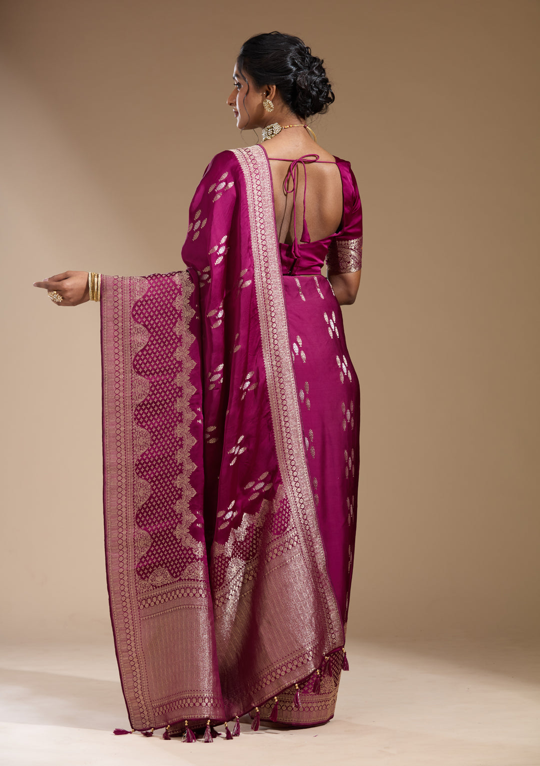 Wine Georgette Buti Gold Zariwork Saree With Matching Blouse Piece