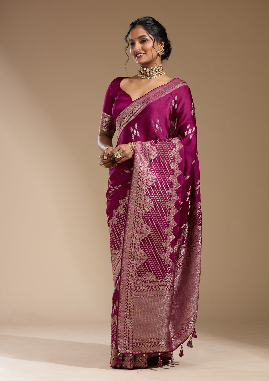 Wine Georgette Buti Gold Zariwork Saree With Matching Blouse Piece