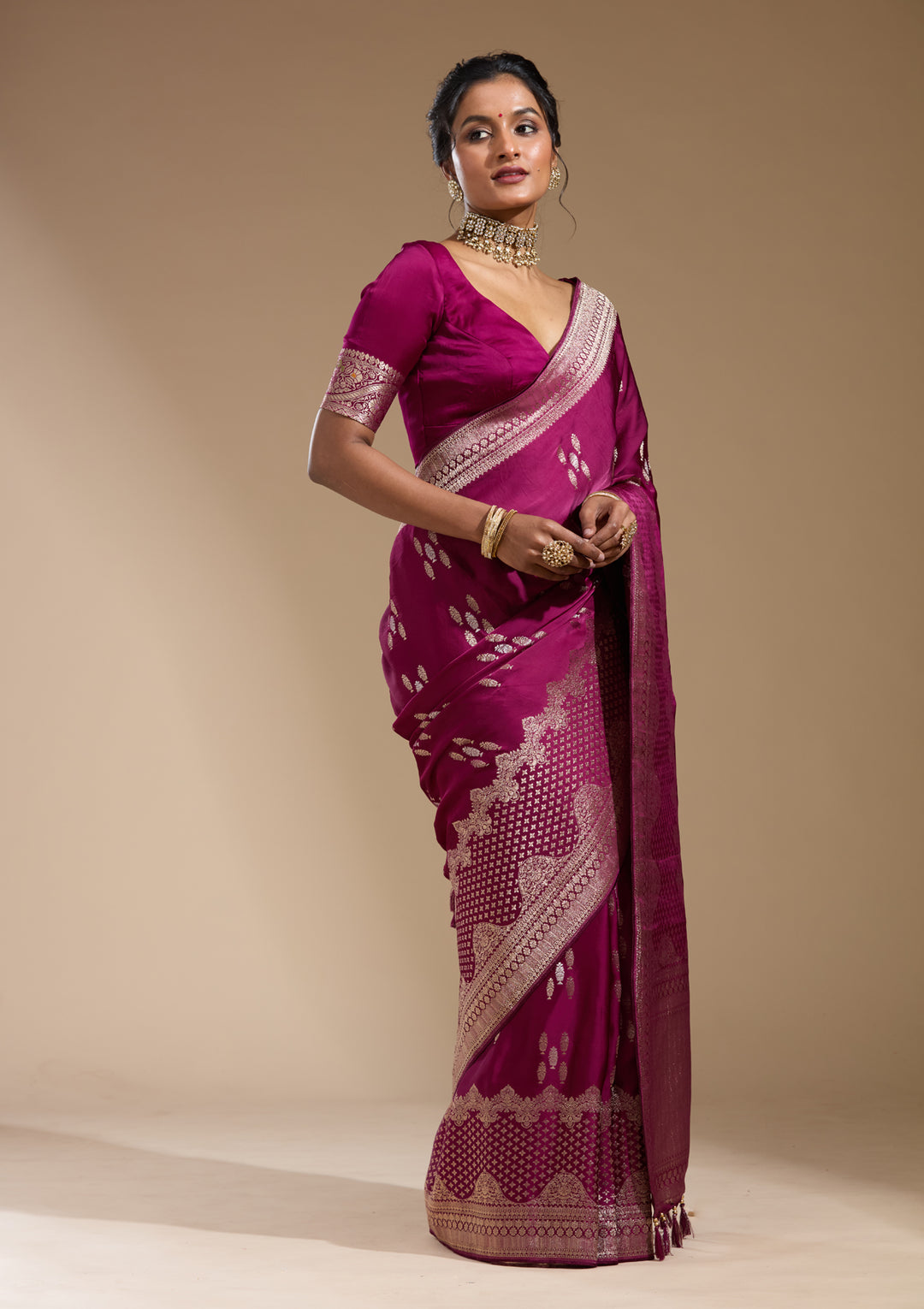 Wine Georgette Buti Gold Zariwork Saree With Matching Blouse Piece