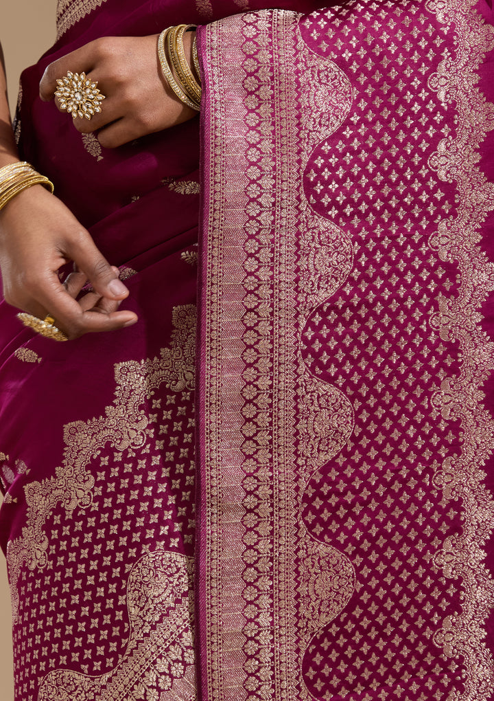 Wine Georgette Buti Gold Zariwork Saree With Matching Blouse Piece