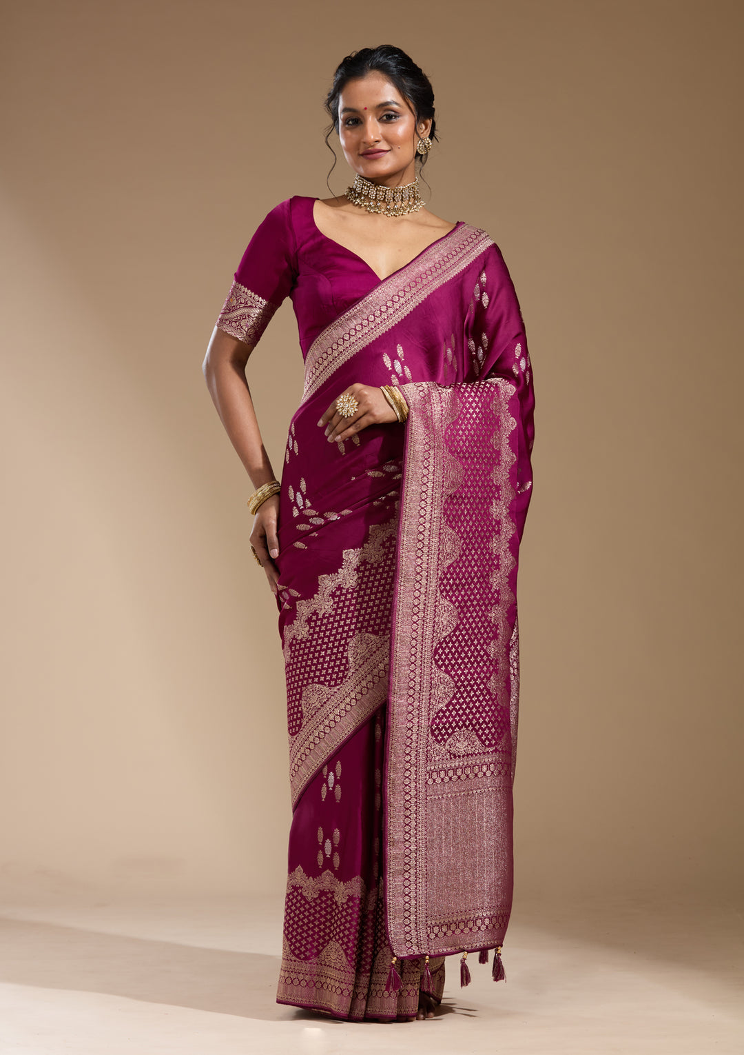 Wine Georgette Buti Gold Zariwork Saree With Matching Blouse Piece