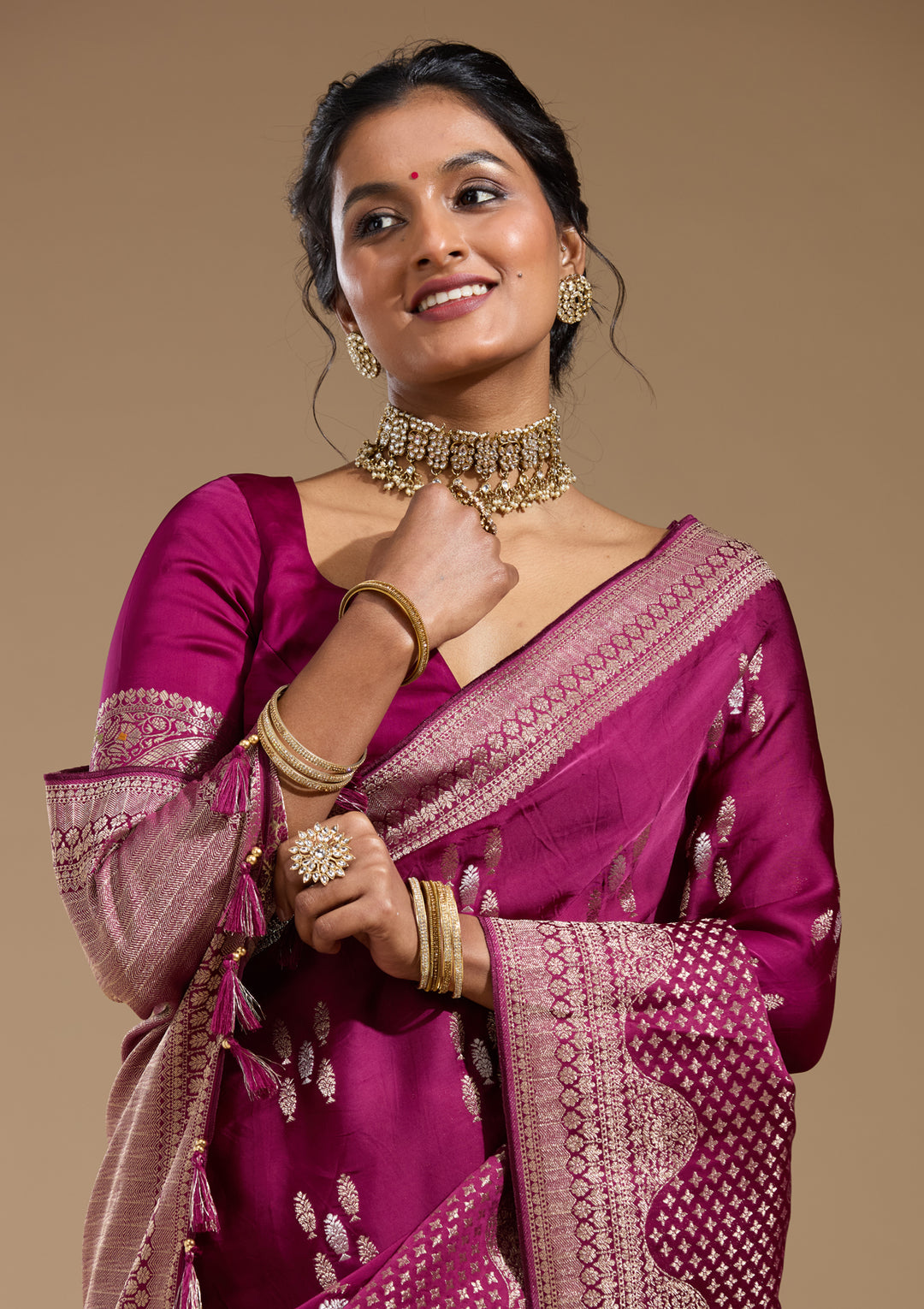 Wine Georgette Buti Gold Zariwork Saree With Matching Blouse Piece