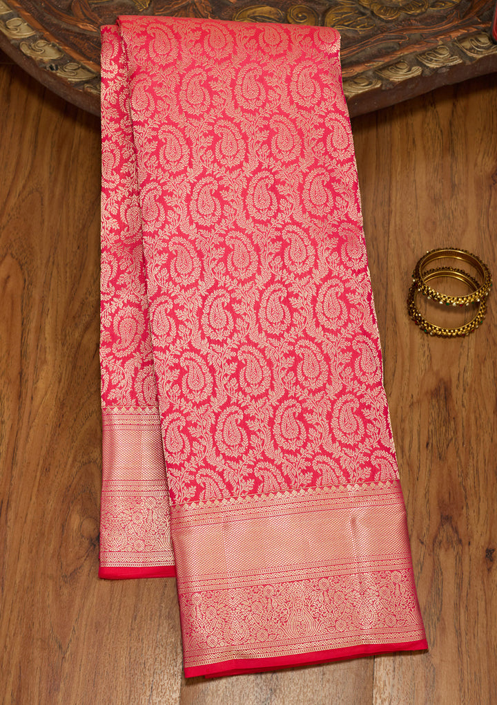 Rani Pink Silk Jaal Gold Zariwork Saree With Matching Blouse Piece