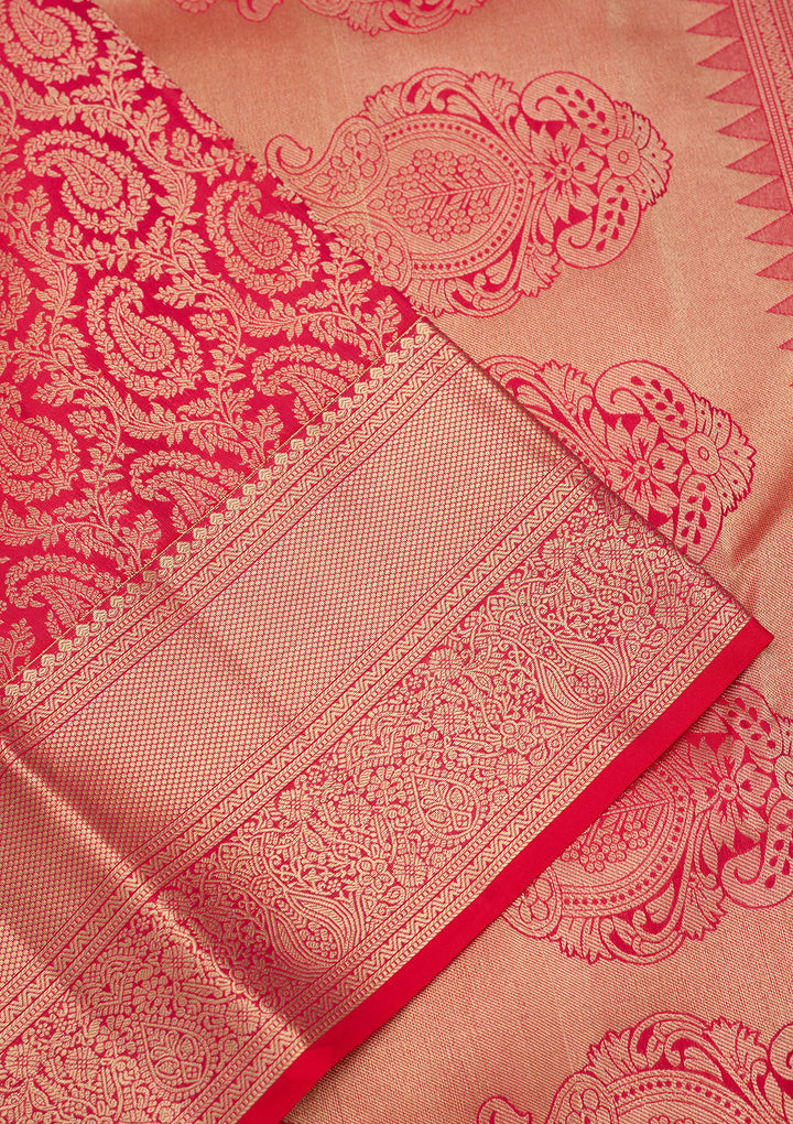 Rani Pink Silk Jaal Gold Zariwork Saree With Matching Blouse Piece