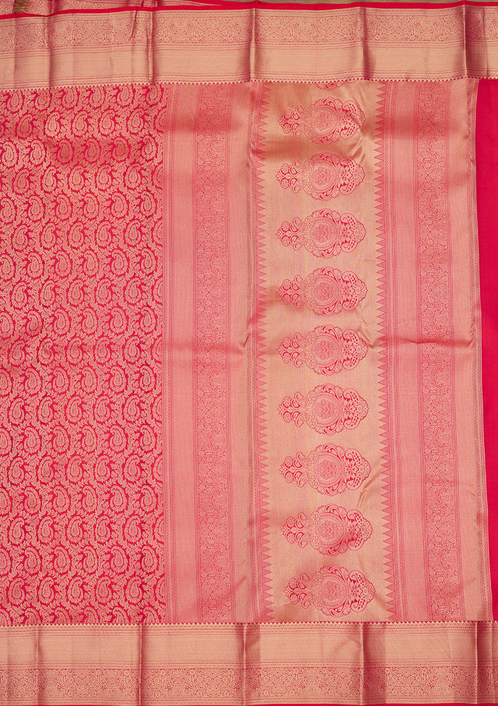 Rani Pink Silk Jaal Gold Zariwork Saree With Matching Blouse Piece