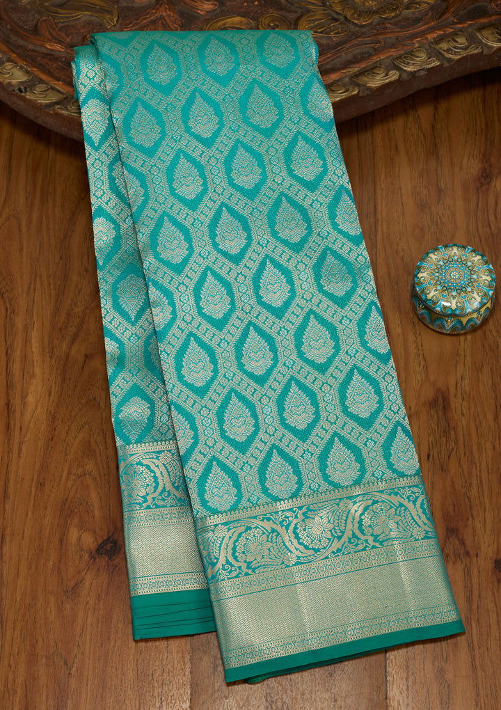 Rama Green Silk Jaal Gold Zariwork Saree With Matching Blouse Piece