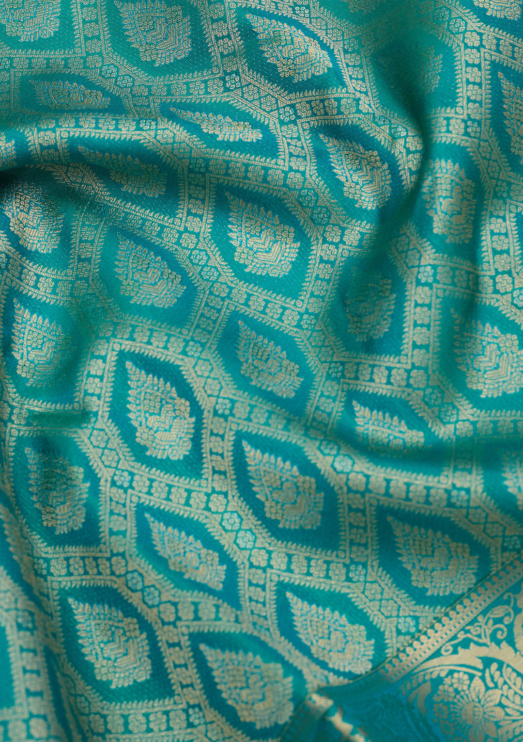 Rama Green Silk Jaal Gold Zariwork Saree With Matching Blouse Piece