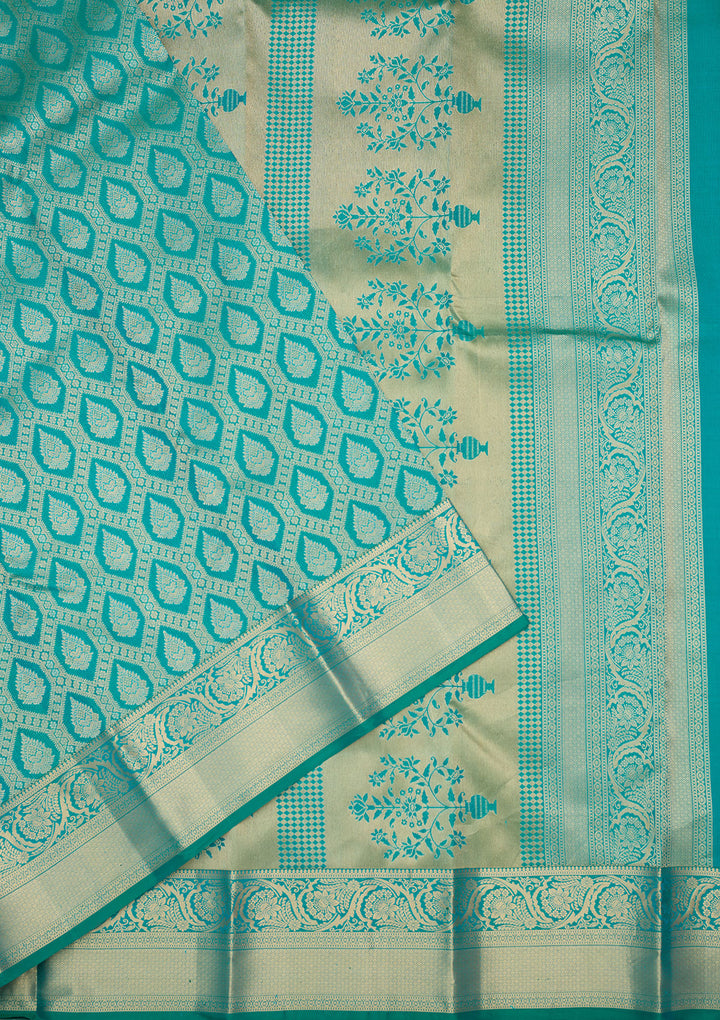 Rama Green Silk Jaal Gold Zariwork Saree With Matching Blouse Piece
