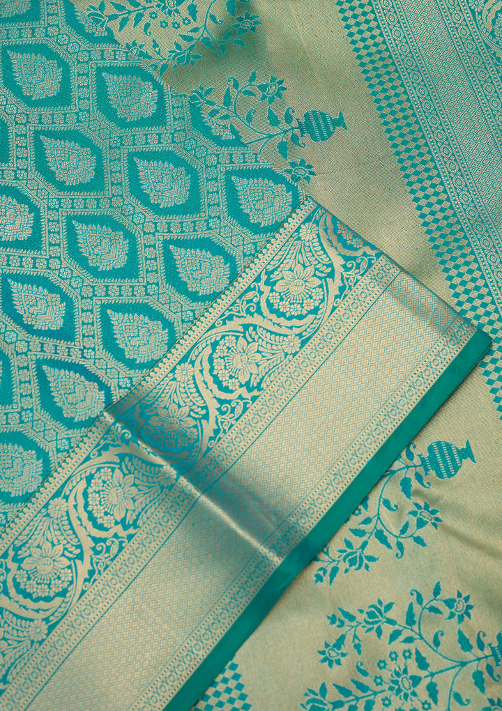 Rama Green Silk Jaal Gold Zariwork Saree With Matching Blouse Piece