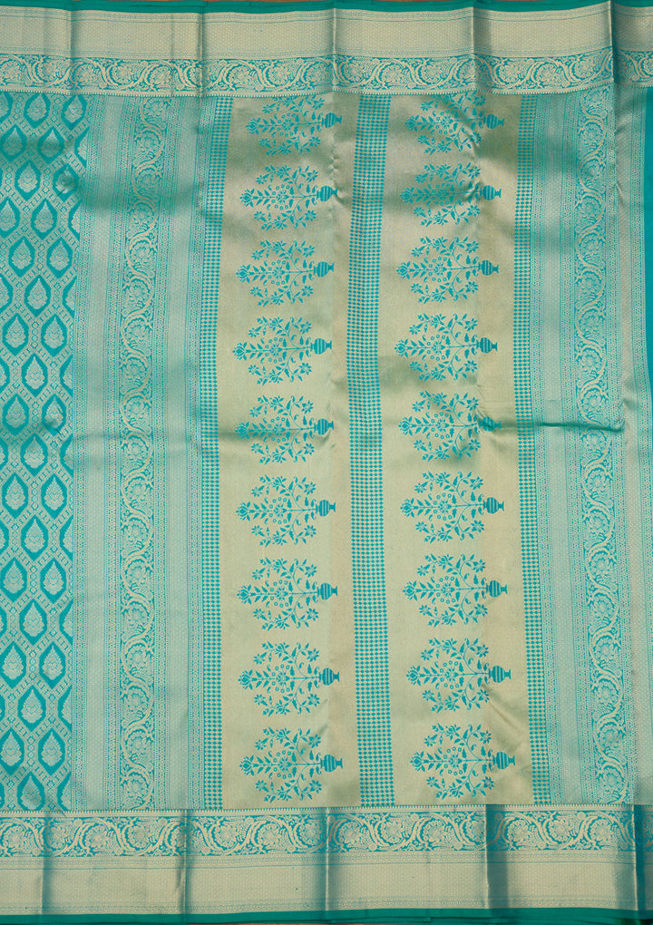 Rama Green Silk Jaal Gold Zariwork Saree With Matching Blouse Piece